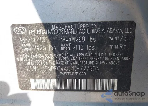 2013 Hyundai Sonata Se z USA, uszkodzony, nr VIN 5NPEC4AC2DH727503